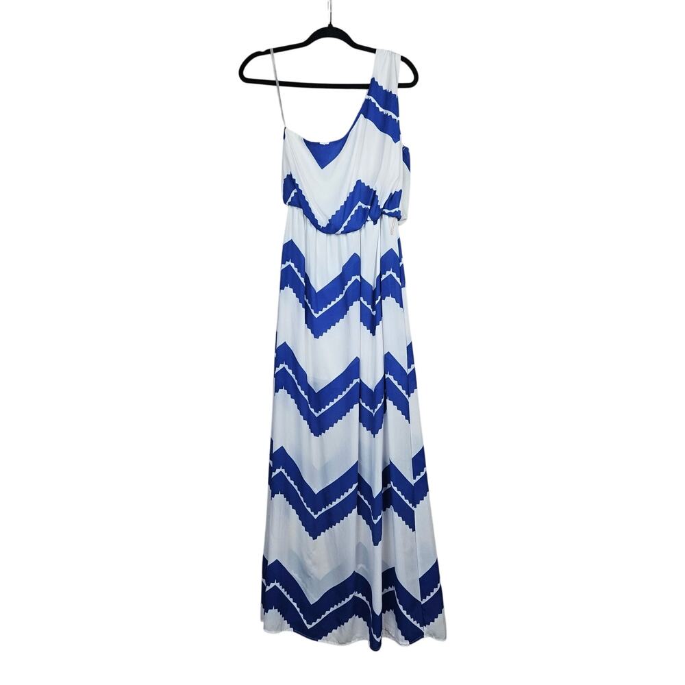 Jodi Kristopher One Shoulder Blue/White Chevron Maxi Dress Women's Medium